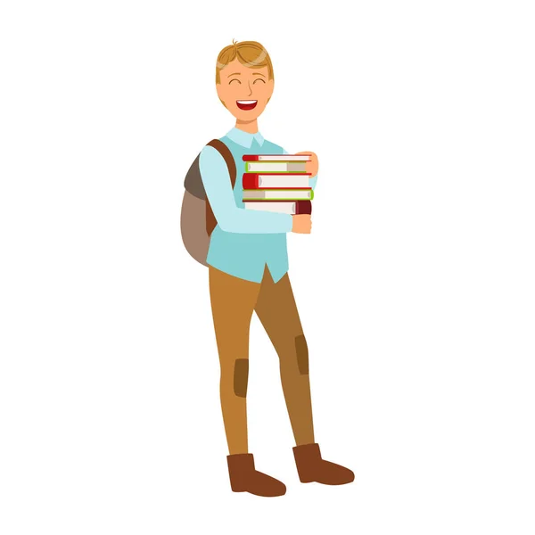 Studente sorridente con lo zaino della scuola che tiene libri di istruzione. Illustrazione colorata del cartone animato — Vettoriale Stock