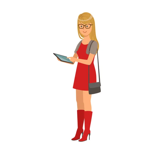 Chica rubia en vestido rojo sosteniendo una tableta en sus manos. Dibujos animados coloridos ilustración — Vector de stock