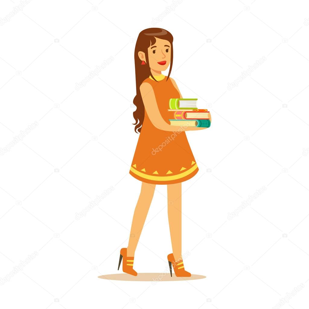Student girl with long hair wearing in a dress standing and holding books in her hands. Student lifestyle colorful character vector Illustration