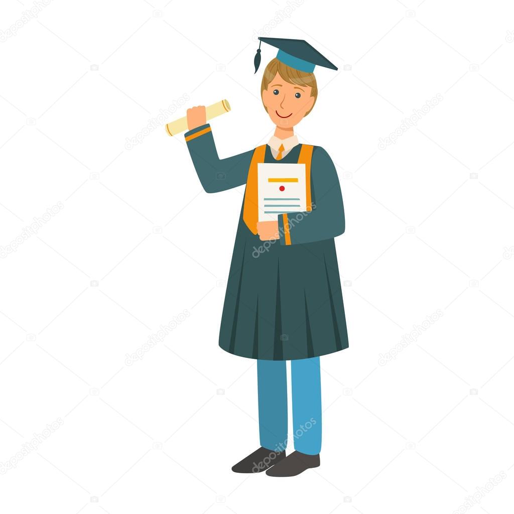 Boy in mantle gown and academic square cap holding diploma scroll. Colorful cartoon illustration