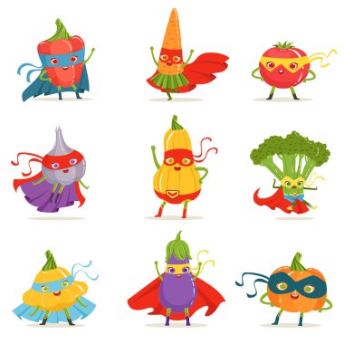 Süper kahraman sebze içinde maskeleri ve burunları, şirin çocukça ayarla çizgi kostümleri insanlaşmış kahramanlar