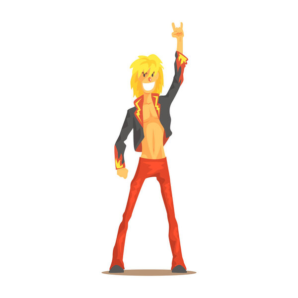 Rocker man showing rock and roll gesture, rock star colorful character vector Illustration