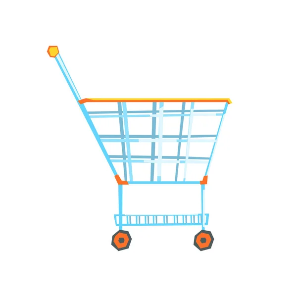 Lege supermarkt winkelwagen met kleurenwielen en handvat, kleurrijke vector illustratie — Stockvector