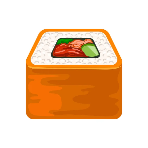 Rollo de sushi de mariscos con salmón, cocina tradicional japonesa. Dibujos animados coloridos ilustración — Archivo Imágenes Vectoriales