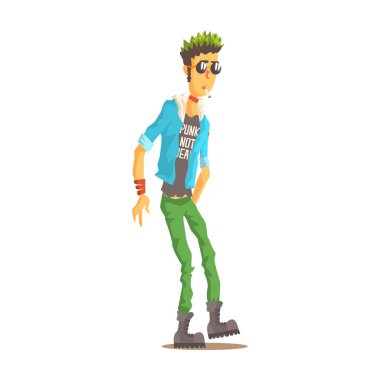 Yeşil saçlı punk adam punk tarzı, renkli karakter vektör çizim kılığına girmiş