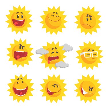 Sevimli çizgi güneş emojis. Duygusal yüz set renkli karakterler vektör çizimler