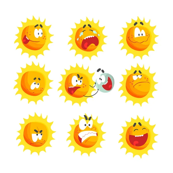 Niedlichen Karikatur Sonne verschiedene Emoticons. emotionale Gesicht Set von bunten Zeichen Vektor-Illustrationen — Stockvektor