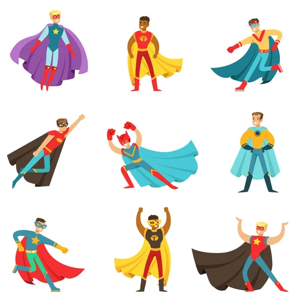Férfi köpeny klasszikus képregény jelmezek szuperhősök beállítása a mosolygó lapos rajzfilm karakterek szuper erőkre — Stock Vector