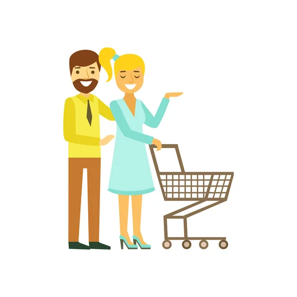 Feliz pareja joven con carrito de compras. Familia de compras colorido carácter vector Ilustración — Archivo Imágenes Vectoriales