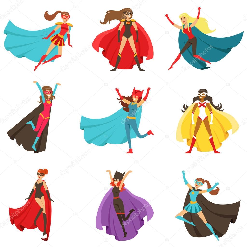 Female Superheroes In Classic Comics Costumes With Capes Set Of Smiling Flat Cartoon Characters With Super Powers