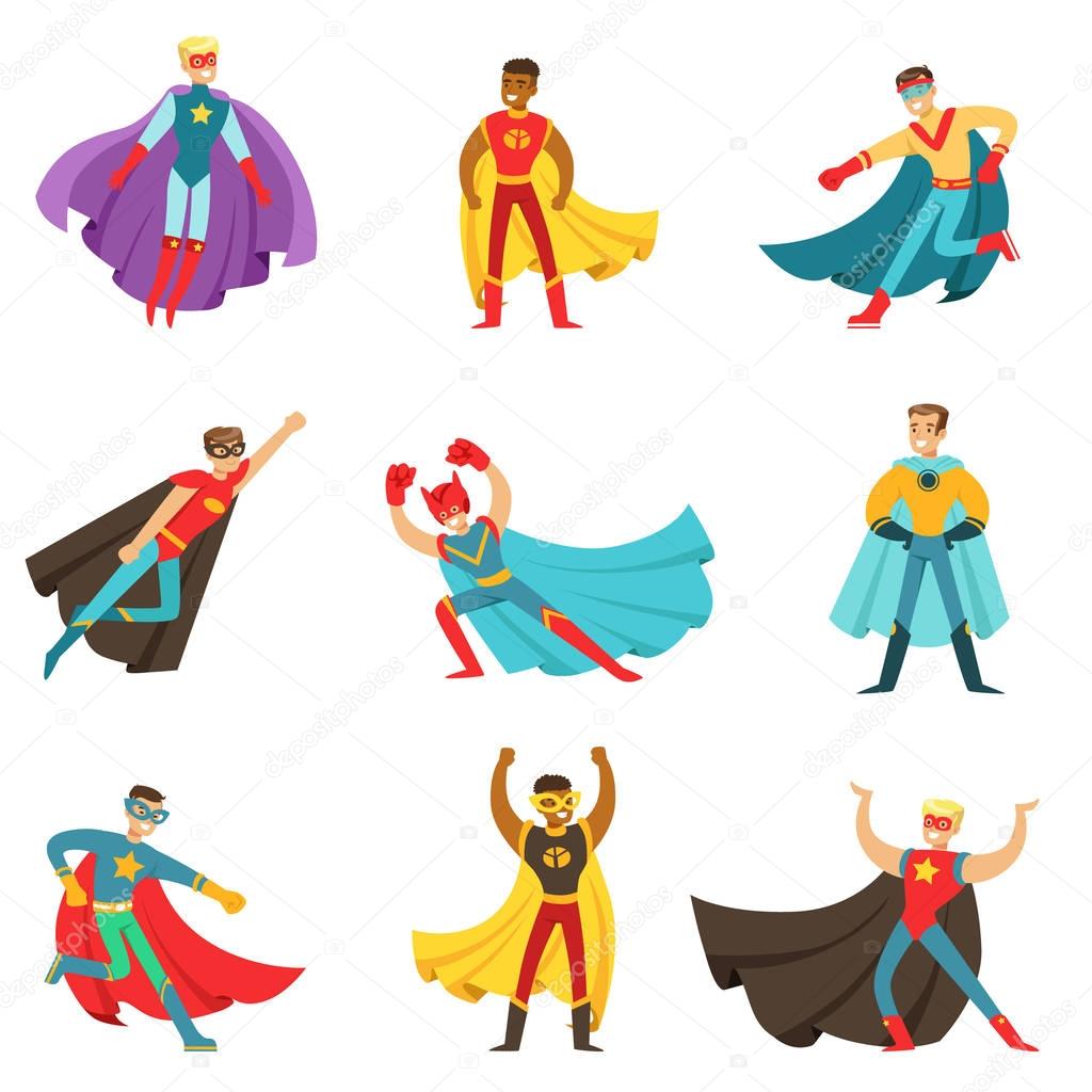 Male Superheroes In Classic Comics Costumes With Capes Set Of Smiling Flat Cartoon Characters With Super Powers