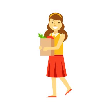 Gülümseyen genç kadın sağlıklı gıda ile kahverengi bir alışveriş çanta taşıyor. Bakkal mağaza, süpermarket veya perakende mağazasında alışveriş. Renkli karakter vektör çizim