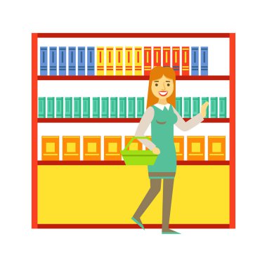 Süpermarkette alışveriş ve ürün satın alma kadın. Bakkal mağaza, süpermarket veya perakende mağazasında alışveriş. Renkli karakter vektör çizim