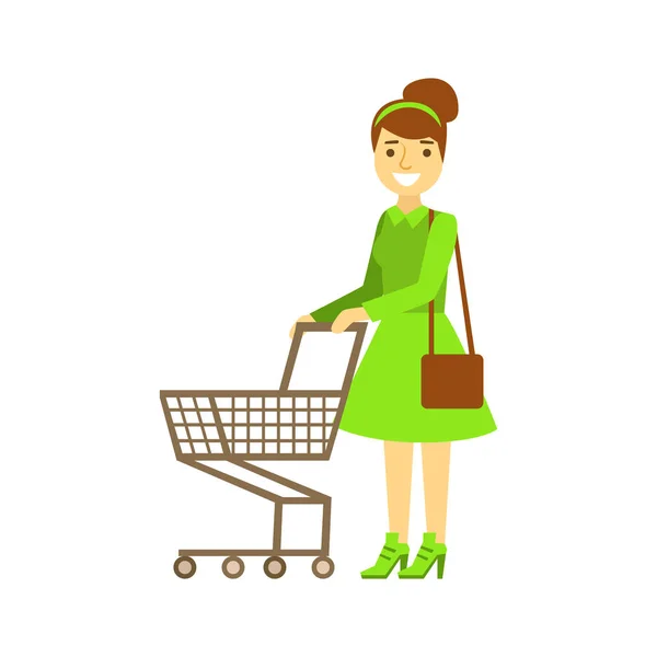 Mujer sonriente con un carrito de compras vacío, vector de carácter colorido Ilustración — Archivo Imágenes Vectoriales
