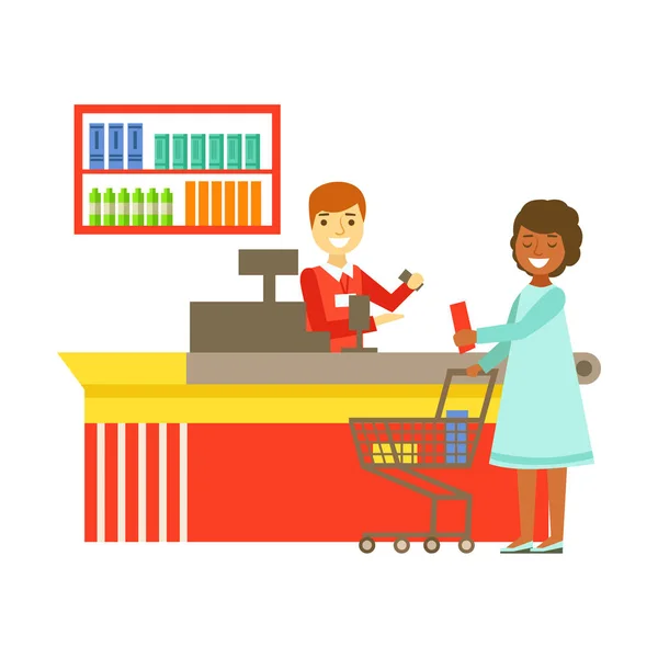 Ταμείο μερίδα αγοραστή στην ταμειακή μηχανή στο σούπερ μάρκετ. Ψώνια σε κατάστημα, σουπερμάρκετ ή λιανικό εμπόριο κατάστημα παντοπωλείων. Πολύχρωμο χαρακτήρα διανυσματικά εικονογράφηση — Διανυσματικό Αρχείο