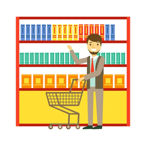 Mann im Supermarkt mit Einkaufswagen einkaufen und Produkte kaufen. Einkaufen im Lebensmittelgeschäft, Supermarkt oder Einzelhandel. bunte Charakter Vektor Illustration — Stockvektor