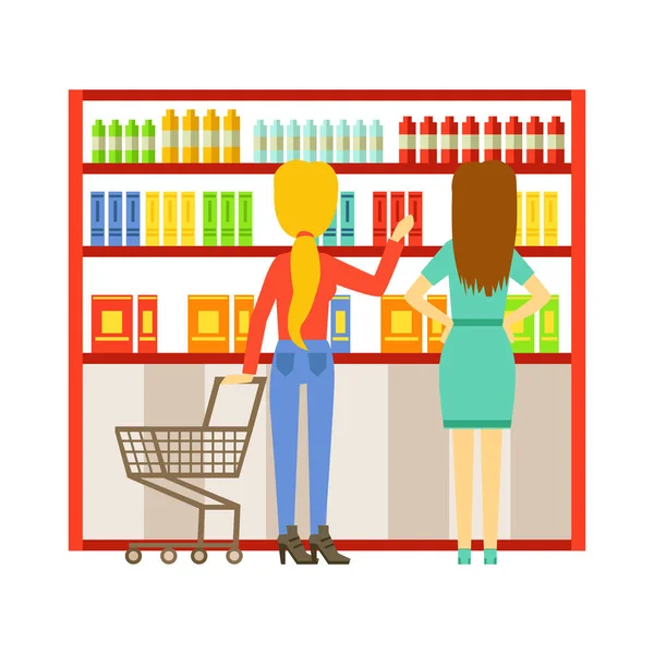 Γυναίκα ψώνια στο σούπερ μάρκετ και να αγοράζουν προϊόντα. Ψώνια σε κατάστημα, σουπερμάρκετ ή λιανικό εμπόριο κατάστημα παντοπωλείων. Πολύχρωμο χαρακτήρα διανυσματικά εικονογράφηση — Διανυσματικό Αρχείο