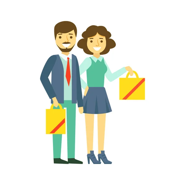 Boldog családi pár a bevásárló szatyrok. Családi vásárlási színes karakter vektoros illusztráció — Stock Vector