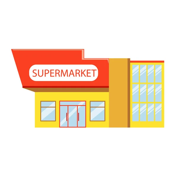 Gebouw van supermarkt in rode gele kleuren, kleurrijke vector illustratie — Stockvector