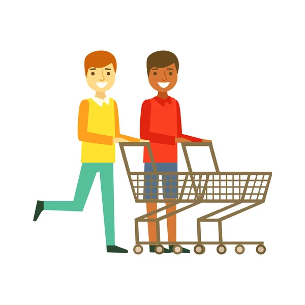 Két mosolygó férfi egy üres bevásárlókocsik, vásárlás, bolt, szupermarket vagy kiskereskedelmi üzlet, színes karakter vektoros illusztráció — Stock Vector