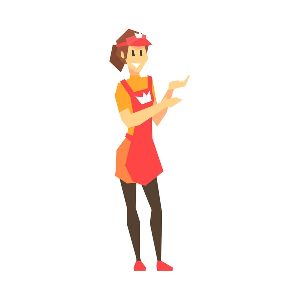 Verkäufer oder Verkäufer in roter Uniform. Supermarkt Personal bunte Charakter Vektor Illustration — Stockvektor