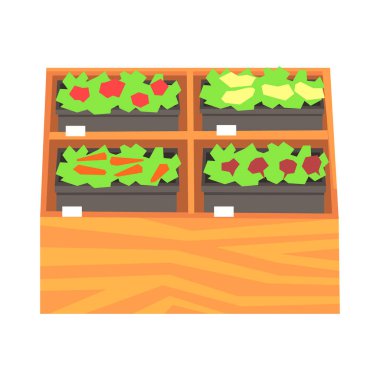 Ruits ve sebze süpermarket raflarında. Renkli vektör çizim taze sağlıklı sebze süpermarket mağaza