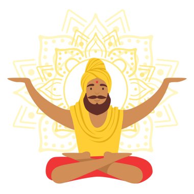 Yogi yoga lotus erkekte poz ve silah kaldırdı, renkli karakteri ile illüstrasyon vektör