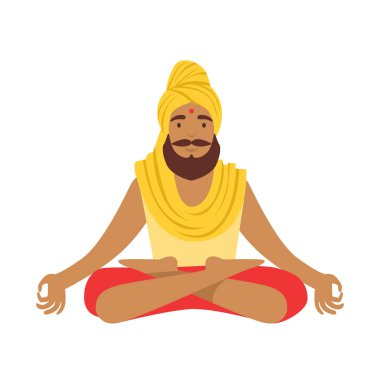 Hint kıyafetleri Hint yogi padmasana lotus poz. Renkli karakter vektör çizim