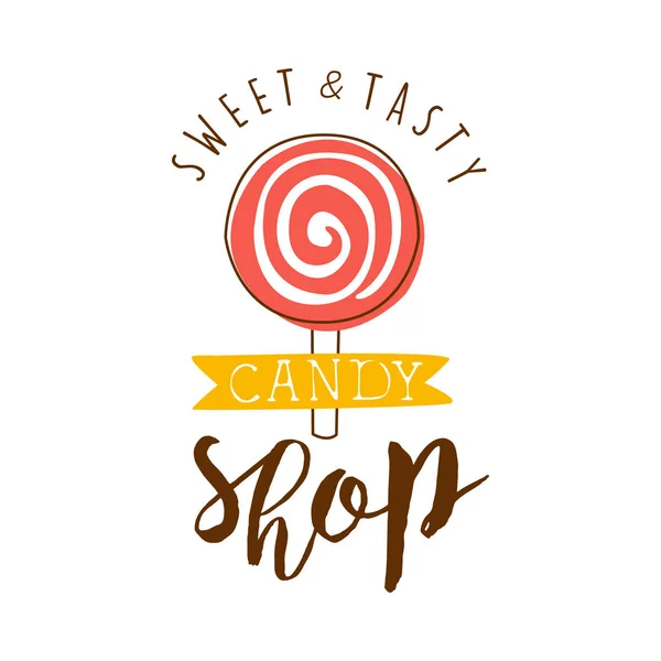 Γλυκό και νόστιμο κατάστημα λογότυπο. Πολύχρωμο χέρι συρμένο ετικέτα — Διανυσματικό Αρχείο
