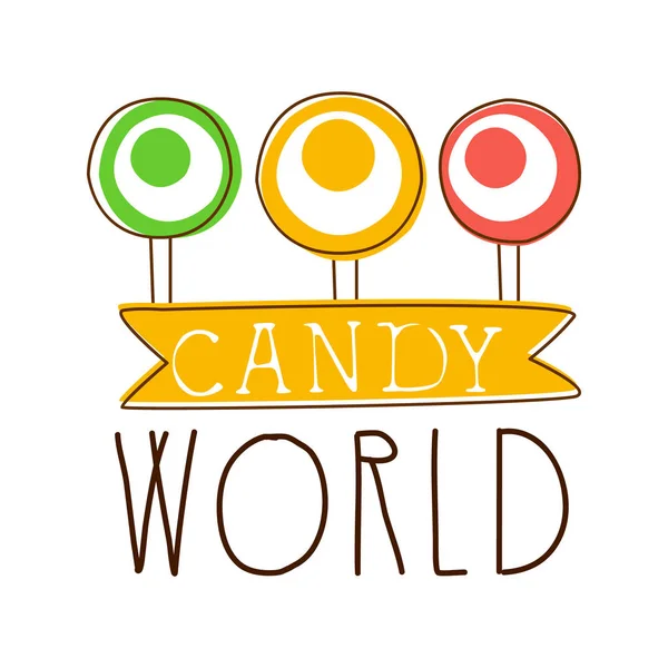 Logo del mundo del caramelo. Dulce emblema de panadería. Etiqueta dibujada a mano colorida — Archivo Imágenes Vectoriales
