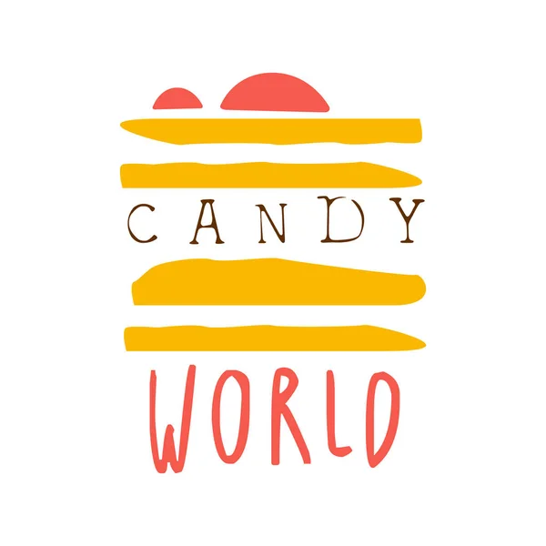 Logo del mundo del caramelo. Etiqueta dibujada a mano colorida — Vector de stock