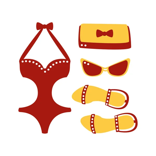 Baddräkt, Glasögon, väska, sandal, kvinnor beach tillbehör. Strandsemester. Färgglada tecknade Illustration — Stock vektor