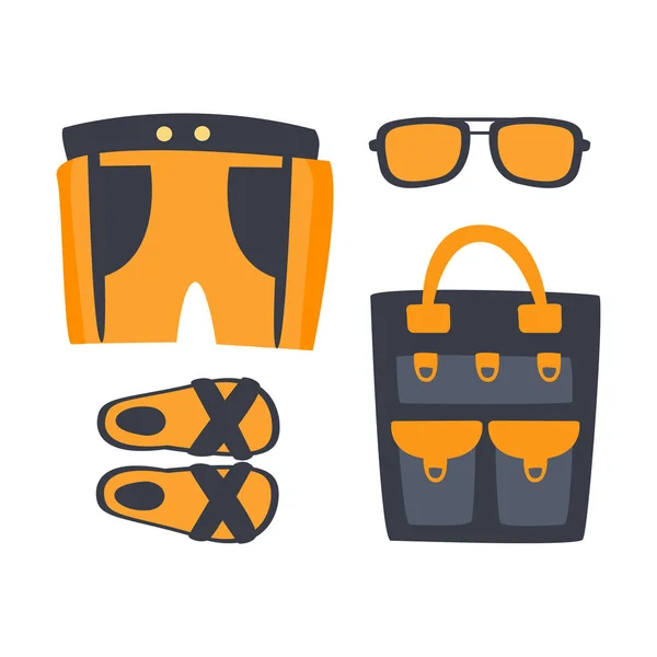 Παντόφλες, σορτς, γυαλιά ηλίου και τσάντα σε πορτοκαλί χρώμα. Πολύχρωμα καρτούν εικονογράφηση — Διανυσματικό Αρχείο