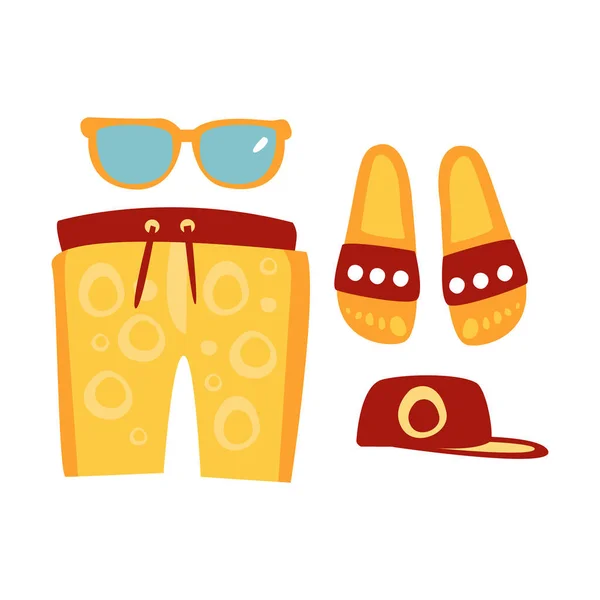 Chinelos, shorts, óculos de sol e boné em cores vermelhas e amarelas. Desenhos animados coloridos ilustração — Vetor de Stock