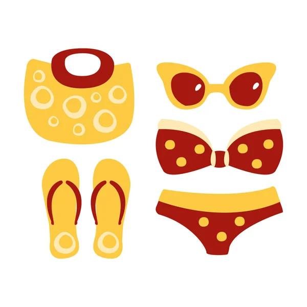 Bañador, gafas, bolso, sandalia, accesorios de playa para mujer. Dibujos animados coloridos Ilustración — Vector de stock