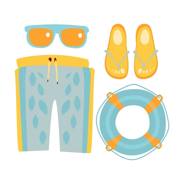 Pantoffels, korte broek, zonnebril en reddingsboei in licht blauw kleuren. Kleurrijke cartoon afbeelding — Stockvector