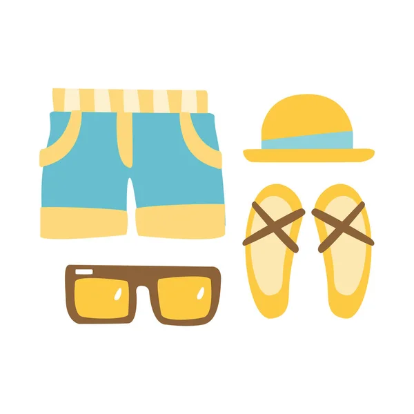 Hausschuhe, Shorts, Sonnenbrille und Strohhut. Bunte Cartoon-Illustration — Stockvektor