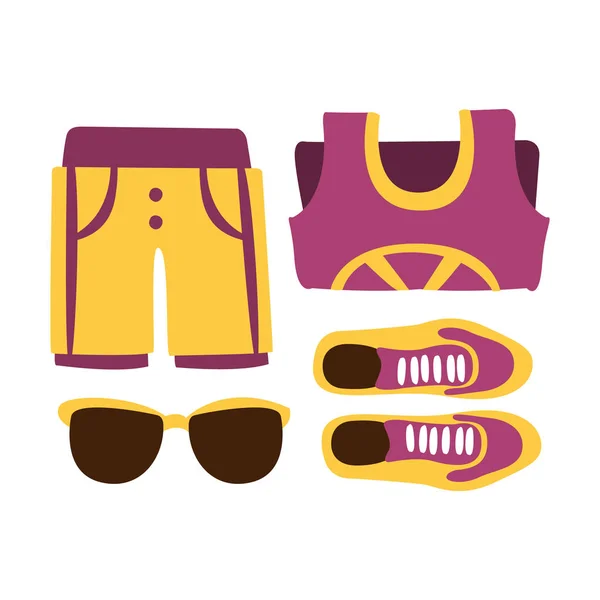 Zapatillas, shorts y gafas de sol en color púrpura. Dibujos animados coloridos Ilustración — Vector de stock