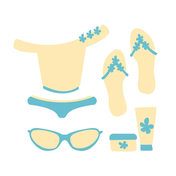 泳装，沙滩配件在白色和蓝色的颜色。海滩度假和太阳保护。姹紫嫣红的卡通插图 — 图库矢量图片