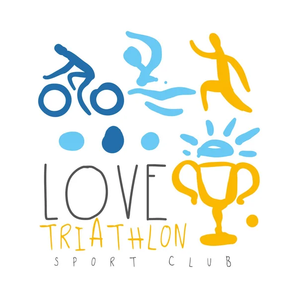 Amor triatlón deporte club logo. Ilustración dibujada a mano colorida — Vector de stock