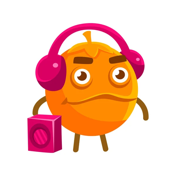 Söta tecknade orange frukt Lyssna på musik med en boombox och hörlurar, färgstarka karaktär vektor Illustration — Stock vektor