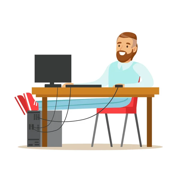 Homme barbu souriant travaillant sur un ordinateur à son bureau, vecteur de caractères colorés Illustration — Image vectorielle