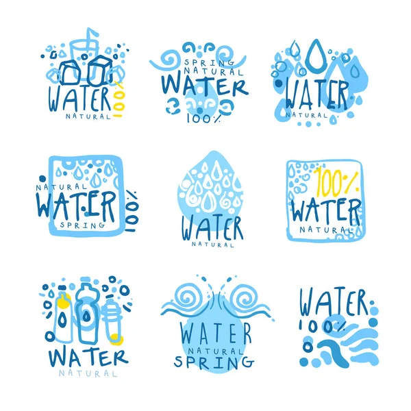 天然水は、ラベルのデザインを設定します。カラフルな手描きイラスト — ストックベクタ