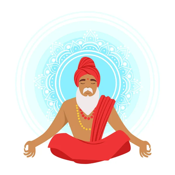 Meditating yogi man in yoga lotus pose, colorful character vector Illustration — Stock Vector