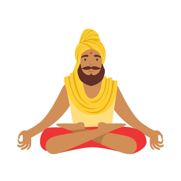 Yogui indio en pose de loto padmasana, vestido con ropa india. Colorido vector de caracteres Ilustración — Vector de stock