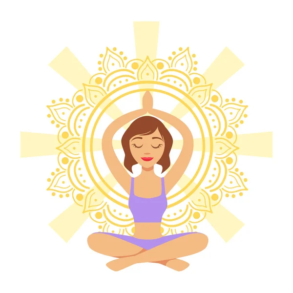 Meditating yogi girl in yoga lotus pose, colorful character vector Illustration — Stock Vector