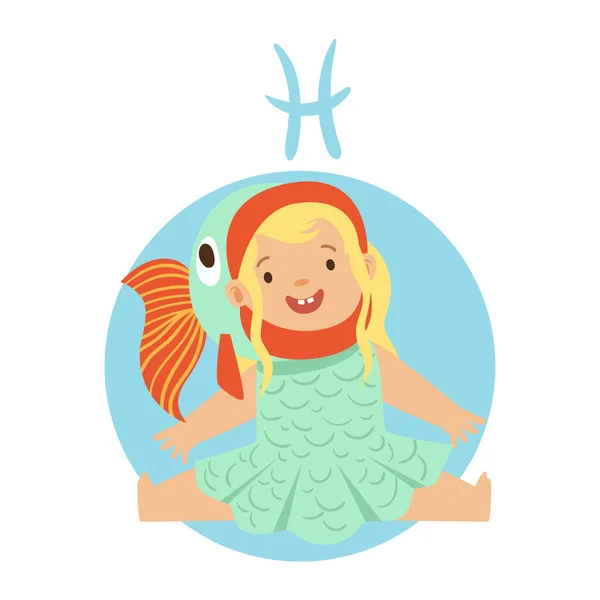 Schattig klein meisje als het sterrenbeeld Vissen. Horoscoop symbool kleurrijke karakter vector illustratie — Stockvector