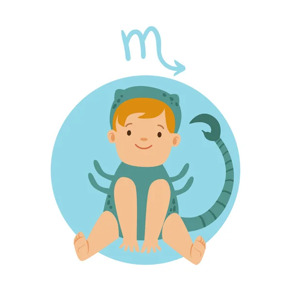 Schattige kleine jongen als sterrenbeeld Schorpioen. Horoscoop symbool symbool kleurrijke karakter vector illustratie — Stockvector