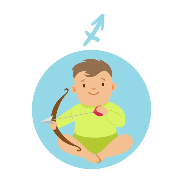 Lindo niño como signo astrológico de Sagitario. Horóscopo símbolo colorido carácter vector Ilustración — Archivo Imágenes Vectoriales