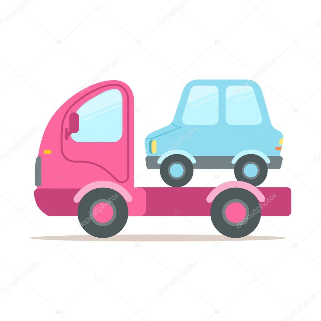 Pink tow truck, service of evacuation colorful cartoon vector Illustration